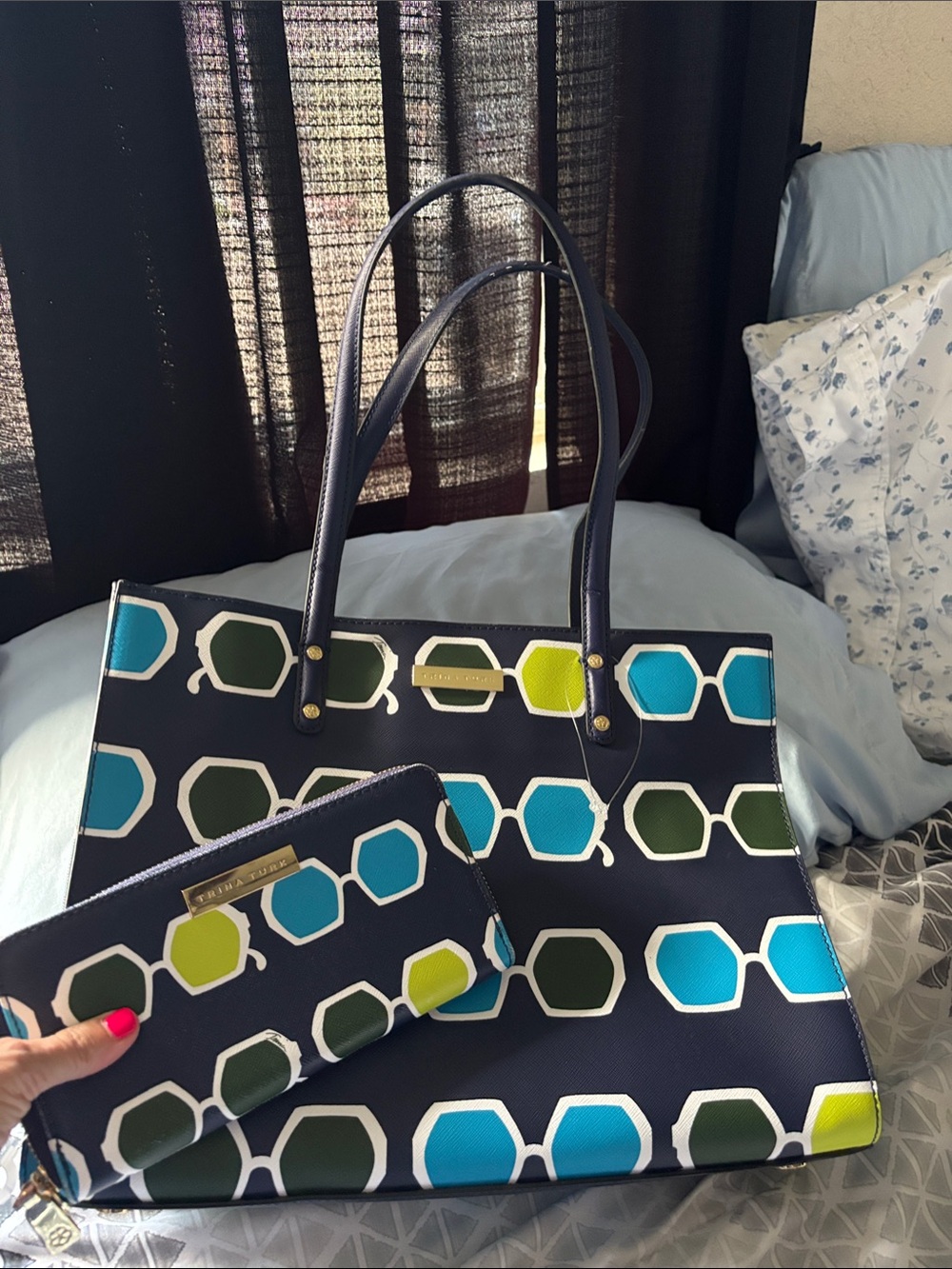 Navy Tote & wallet with Hexagon Sunglasses Pattern - Blue & Lime Accents